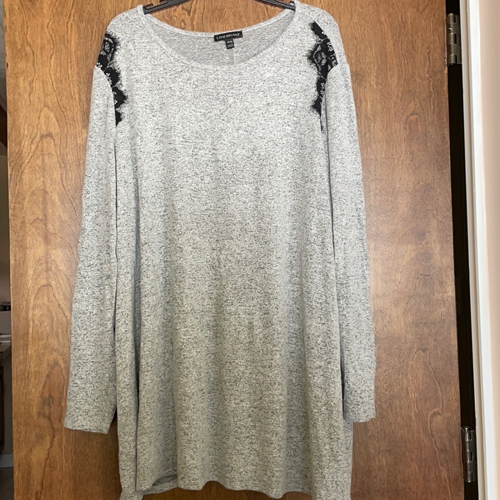 Lane Bryant gray sweater, black lace accent, 22/24